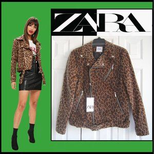 ZARA Leopard Belted Cropped Biker Jacket M